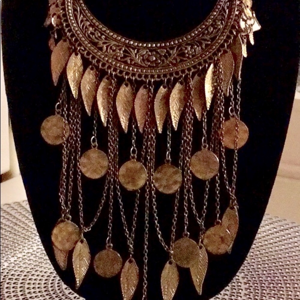 NWT Tanjore Statement Necklace Tribal Coins Leaves